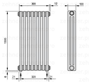 Схема (чертеж) Радиатор Zehnder Charleston 3150/8 №5310 Белый глянцевый RAL 9016